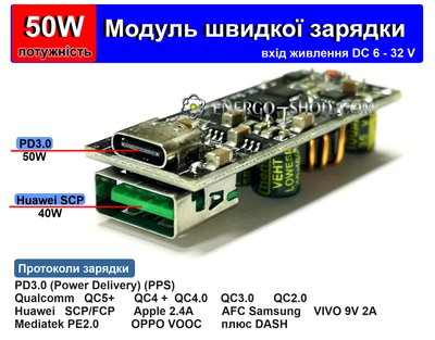 50W PD3.0 Понижающая плата быстрой зарядки, вх.6~32V, 18 протоколов зарядки 2150 фото