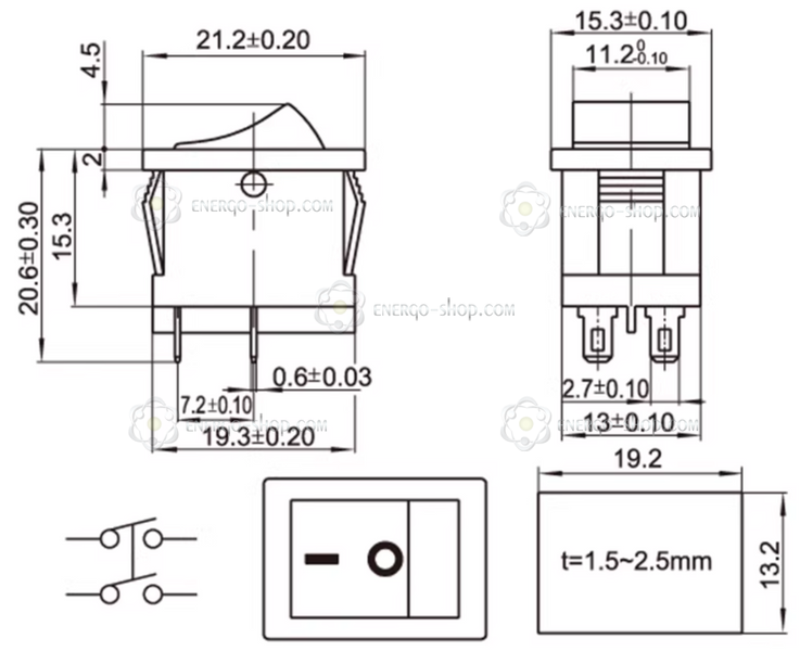 KCD1-103, 6-контактний 2х-рівневий перемикач ON-OFF 6А 250В 1230 фото