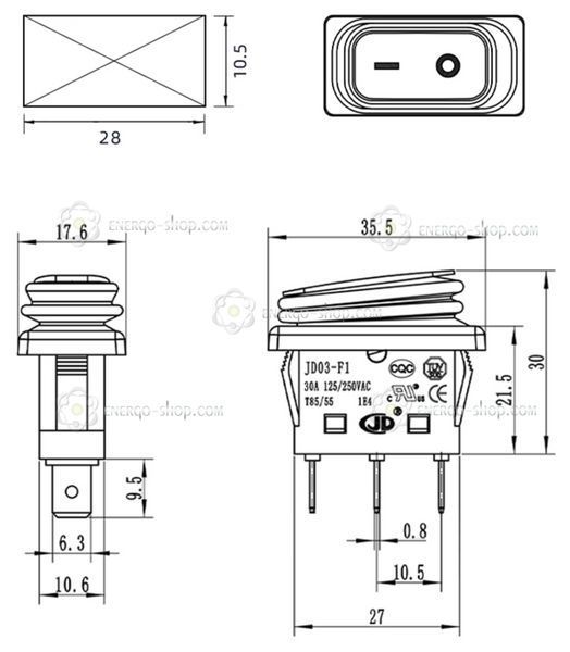 JD03-F1, 50А 250VAC зелений, вологозахисний перемикач із підсвічуванням, 3 контакти, ON-OFF 1238 фото