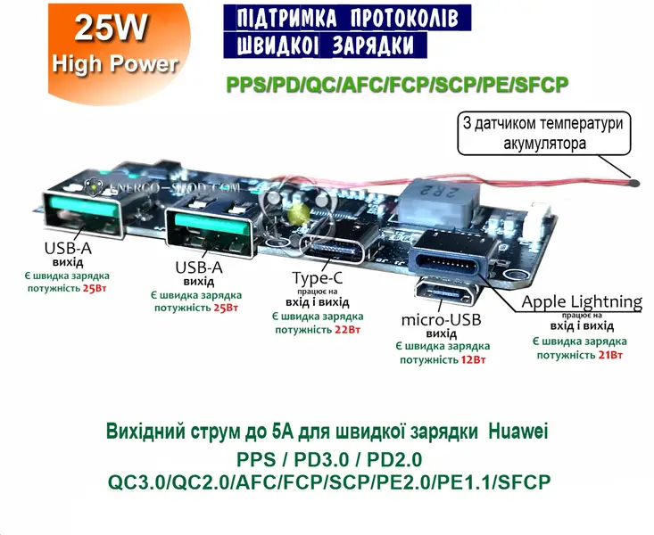 Купить 25W 5-портов Плата повербанка ( Power Bank ) с быстрой зарядкой, чип SW6208S 226209 в интернет магазине Energo-Shop.com