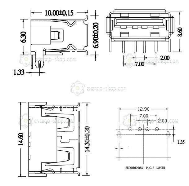 USB-A разъем розетка DIP-4 черный - развальцованный торец 1523 фото