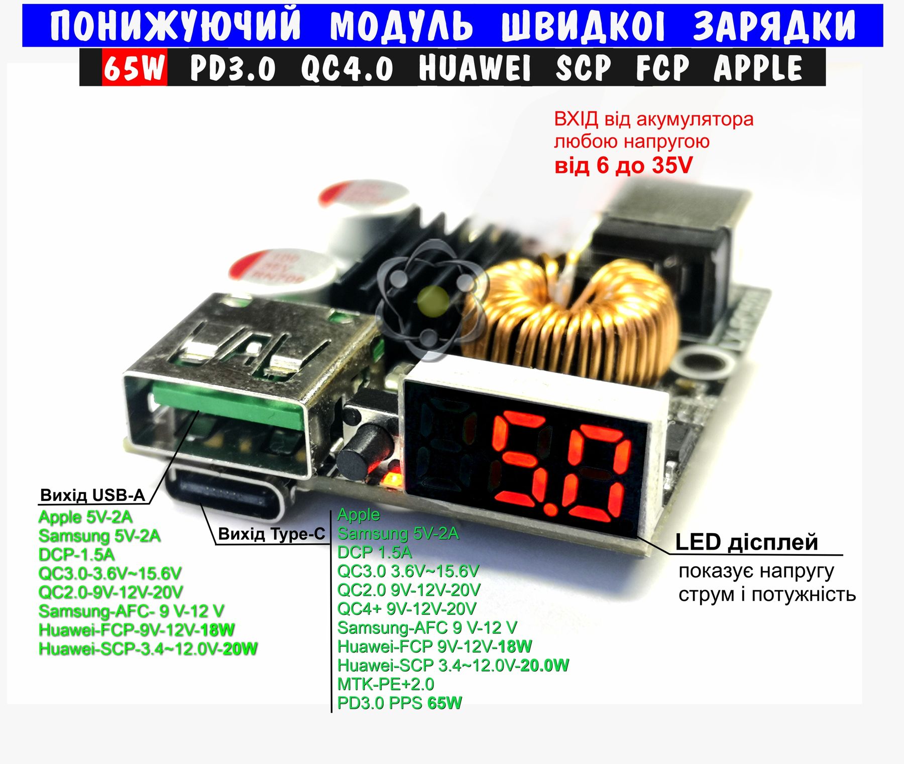 Купить 65W понижающий модуль быстрой зарядки вх.6~35В с LED дисплеем 03519  в интернет магазине Energo-Shop.com