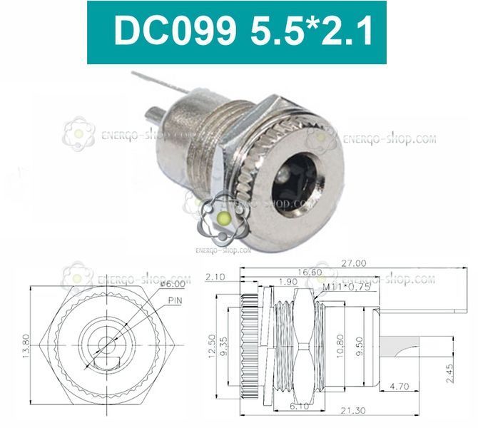 5,5*2,1 гнездо питания DC099, ток 10А, никелированная латунь 1722 фото